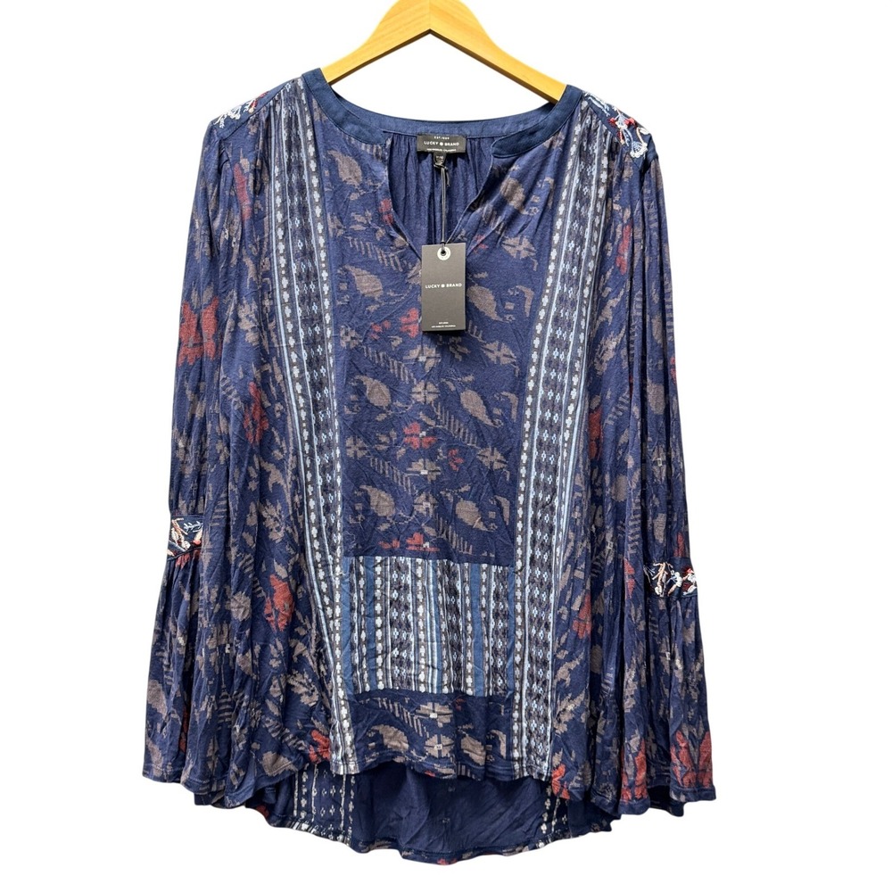 Lucky Brand Blouse Womens 1X Embroidered Boho Bell Sleeve Navy Blue Top NEW